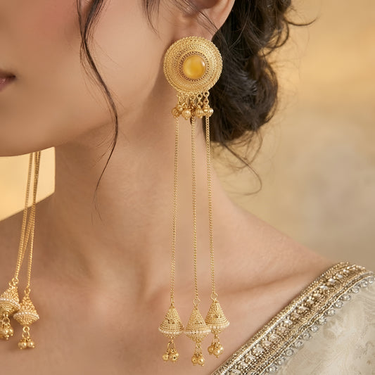 Traditional Gold Plated Long Chain Jhumka Tassel Earrings for Women