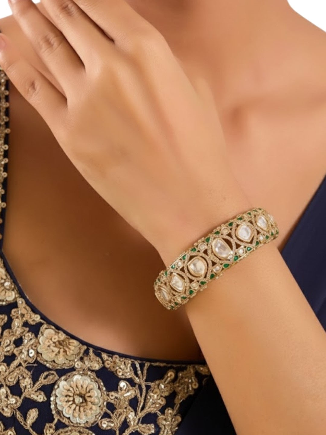 Traditional Kundan Gold-Plated Bangle with Green Enamel Detailing