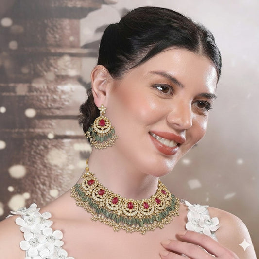 Designer Kundan & Ruby Stone Choker Necklace Set with Green Beads & Earrings