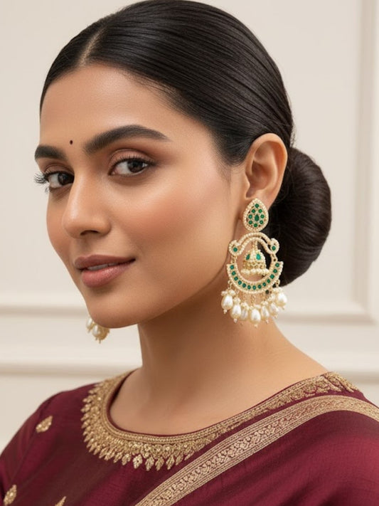 Gold-Tone Green Stone Chandbali Earrings with Pearl Drops & Mini Jhumka