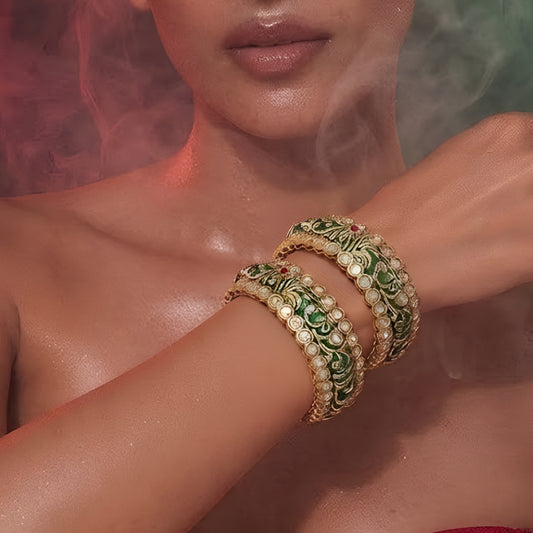 Green Meenakari-inspired AD studded gold tone designer bangle set with floral detailing
