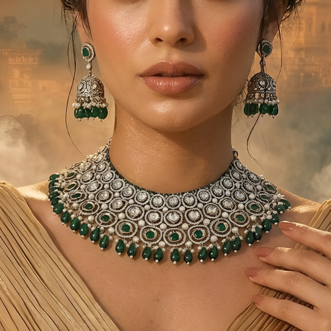 Traditional green Kundan choker necklace set with Polki stones, pearl detailing, green bead drops, and matching jhumka earrings for bridal and wedding wear.