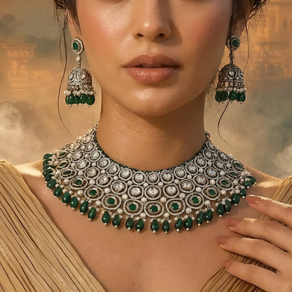 Traditional green Kundan choker necklace set with Polki stones, pearl detailing, green bead drops, and matching jhumka earrings for bridal and wedding wear.