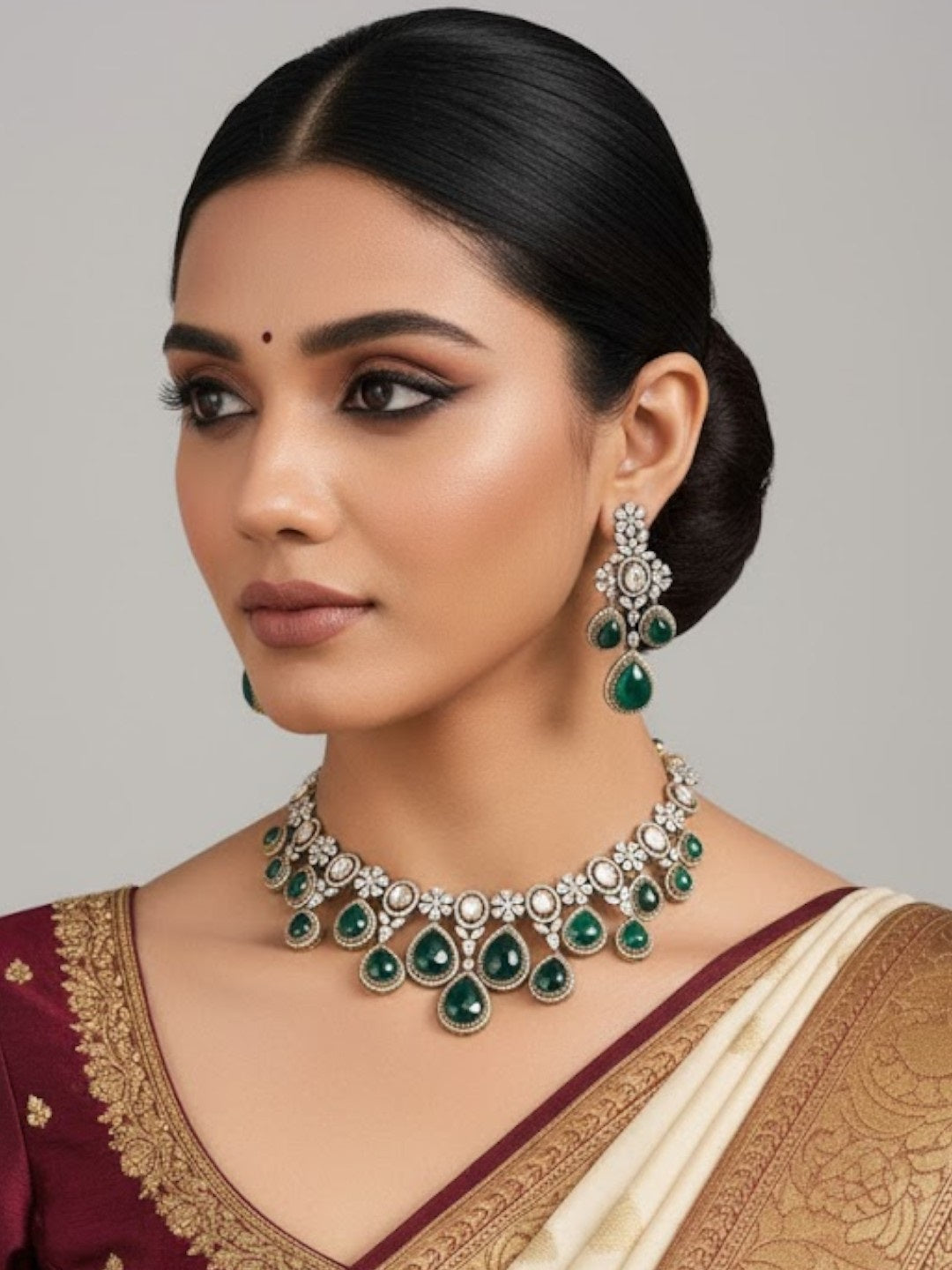 Emerald Green Kundan Choker Necklace Set with Drop Earrings for Bridal & Festive Wear - Auraa Trends