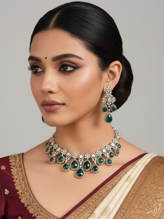 Emerald Green Kundan Choker Necklace Set with Drop Earrings for Bridal & Festive Wear