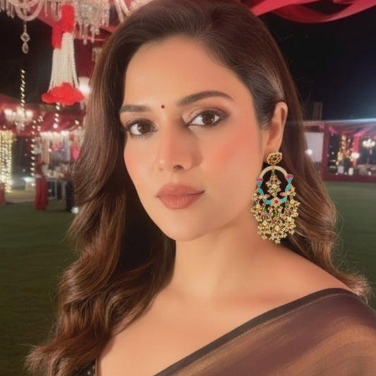 Gold-Plated Multi-Color Meenakari Statement Chandbali Earrings with Pearl Drops