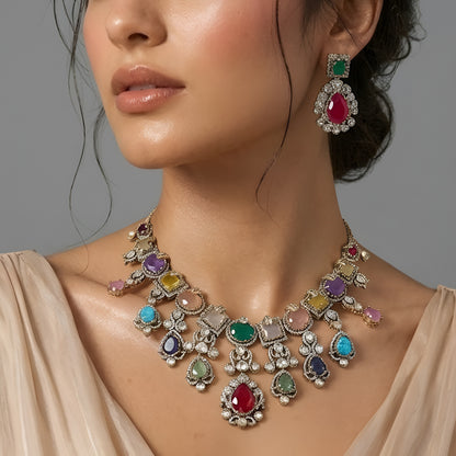 Luxury Multicolor Kundan Statement Necklace Set with Ruby Drop Earrings for Women
