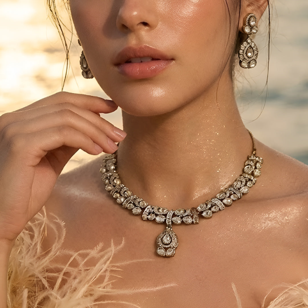 Gold-plated Kundan choker necklace set with matching drop earrings featuring teardrop stones and bridal-inspired traditional design.