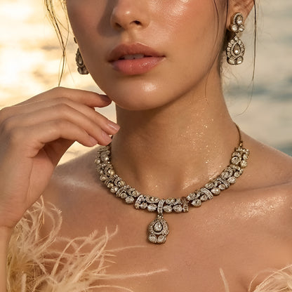 Gold-plated Kundan choker necklace set with matching drop earrings featuring teardrop stones and bridal-inspired traditional design.