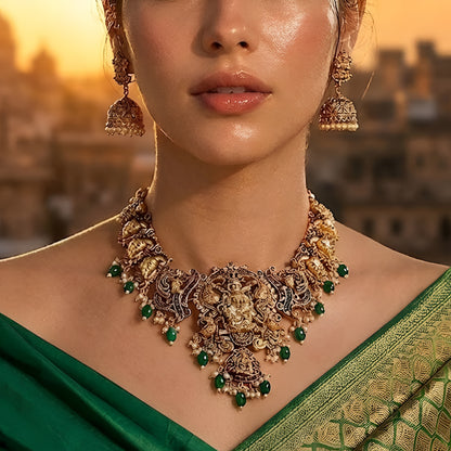 Traditional South Indian Temple Jewellery Lakshmi Necklace Set with matching Jhumka Earrings, antique gold finish, green bead drops, and ruby stone embellishments for bridal and festive wear.