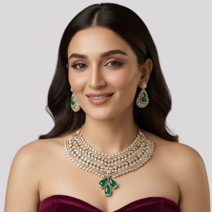 “Kundan choker necklace set with green teardrop stones and matching earrings – traditional bridal jewellery for women.”