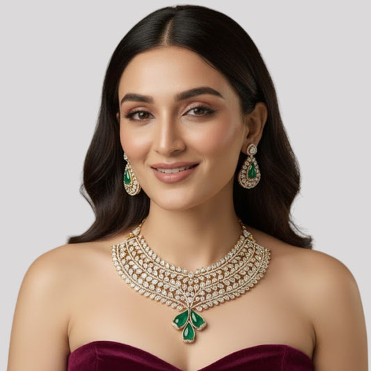 “Kundan choker necklace set with green teardrop stones and matching earrings – traditional bridal jewellery for women.”