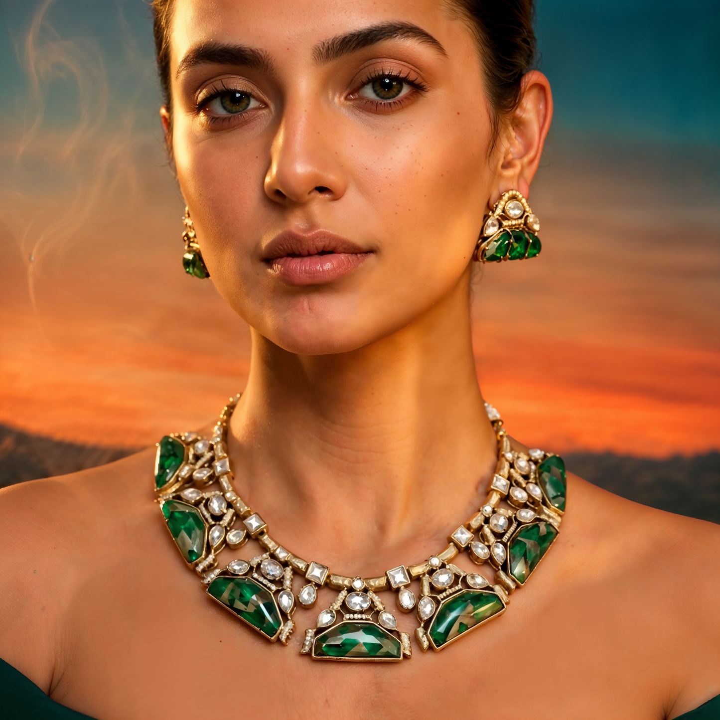 Green Stone Kundan Choker Necklace Set with Earrings for Women