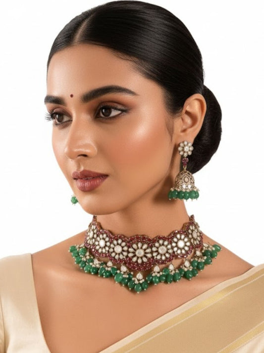 Traditional Ruby Pink Floral Kundan Choker Necklace Set with Green Beads and Jhumka Earrings
