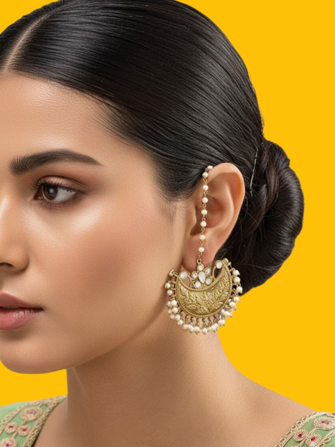 Gold-Plated Pearl Embellished Traditional Ear Chain Chandbali Earrings for Women