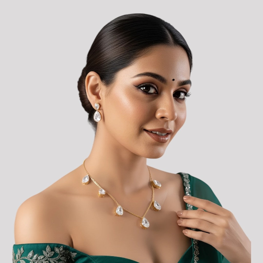 Gold-Plated Pear-Shaped Crystal Pendant Necklace Set with Matching Stud Earrings for Women