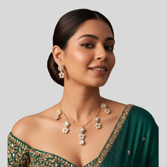 Gold-Plated Floral & Geometric Crystal Necklace Set with Matching Earrings for Women