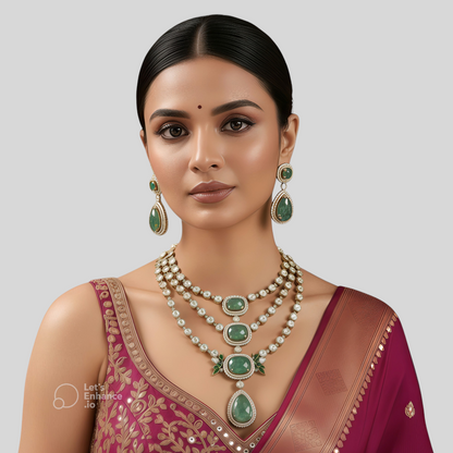 Premium Emerald Green Stone Bridal Necklace Set with Earrings