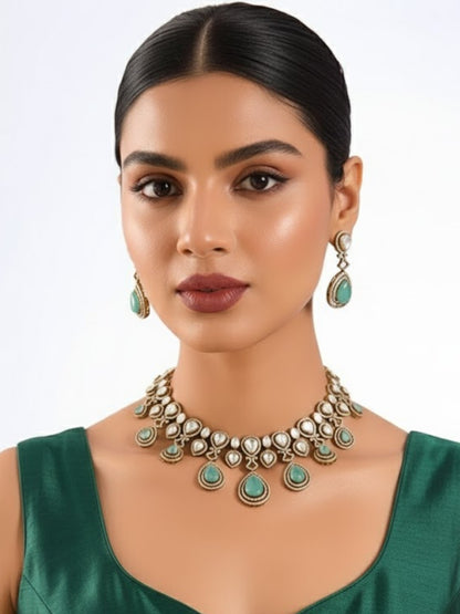 Gold Finish Kundan Polki Choker Necklace Set with Mint Green Drops – Bridal Jewelry Set