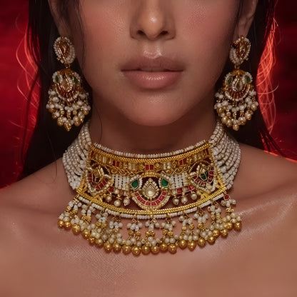 Traditional bridal jewellery set with pearl strands and matching jhumka earrings