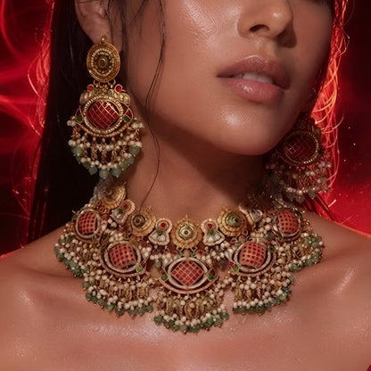 Temple jadau choker necklace set with ruby kemp stones and pearl tassels
