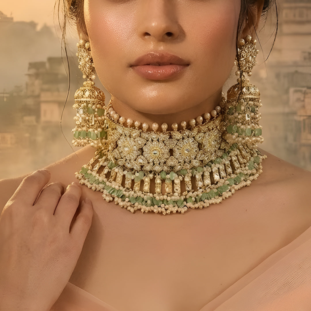 Gold Plated Floral Kundan Choker Necklace Set with Mint Green Beads and Matching Jhumka Earrings for Women Bridal Wedding Jewelry