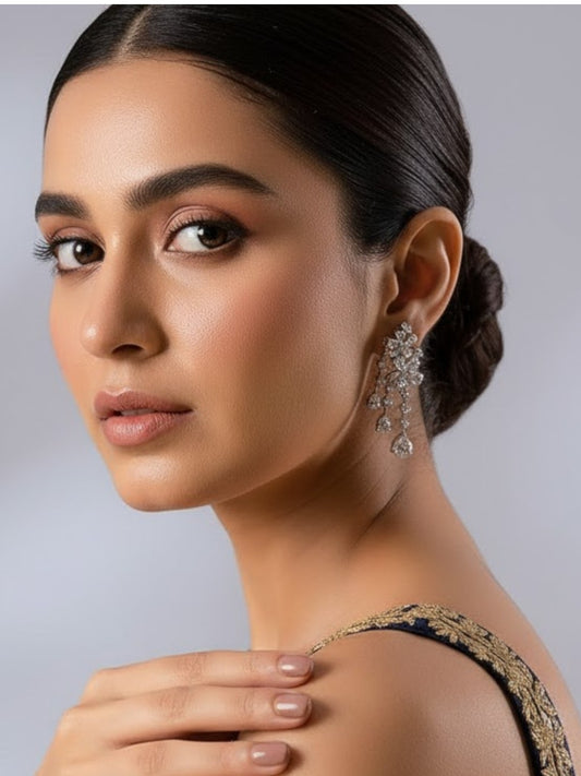 Rhodium-Plated American Diamond Floral Drop Earrings for Women