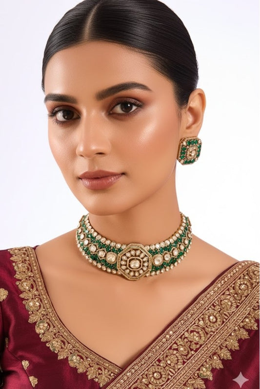 Royal Emerald Kundan Choker Necklace Set with Designer Stud Earrings