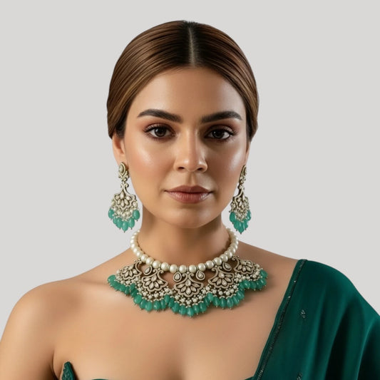 Pearl & Green Beads Kundan Bridal Necklace Set with Earrings