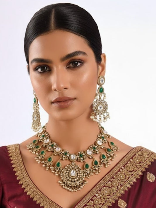 Regal Kundan &amp; Emerald Bridal Necklace Set with Earrings
