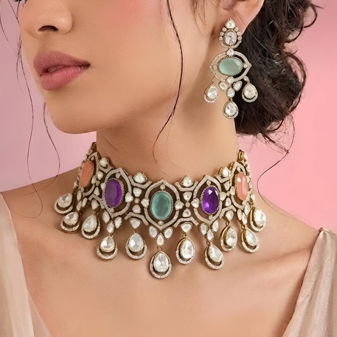 Multicolor Kundan choker necklace set with matching chandelier earrings in gold plating by Auraa Trends
