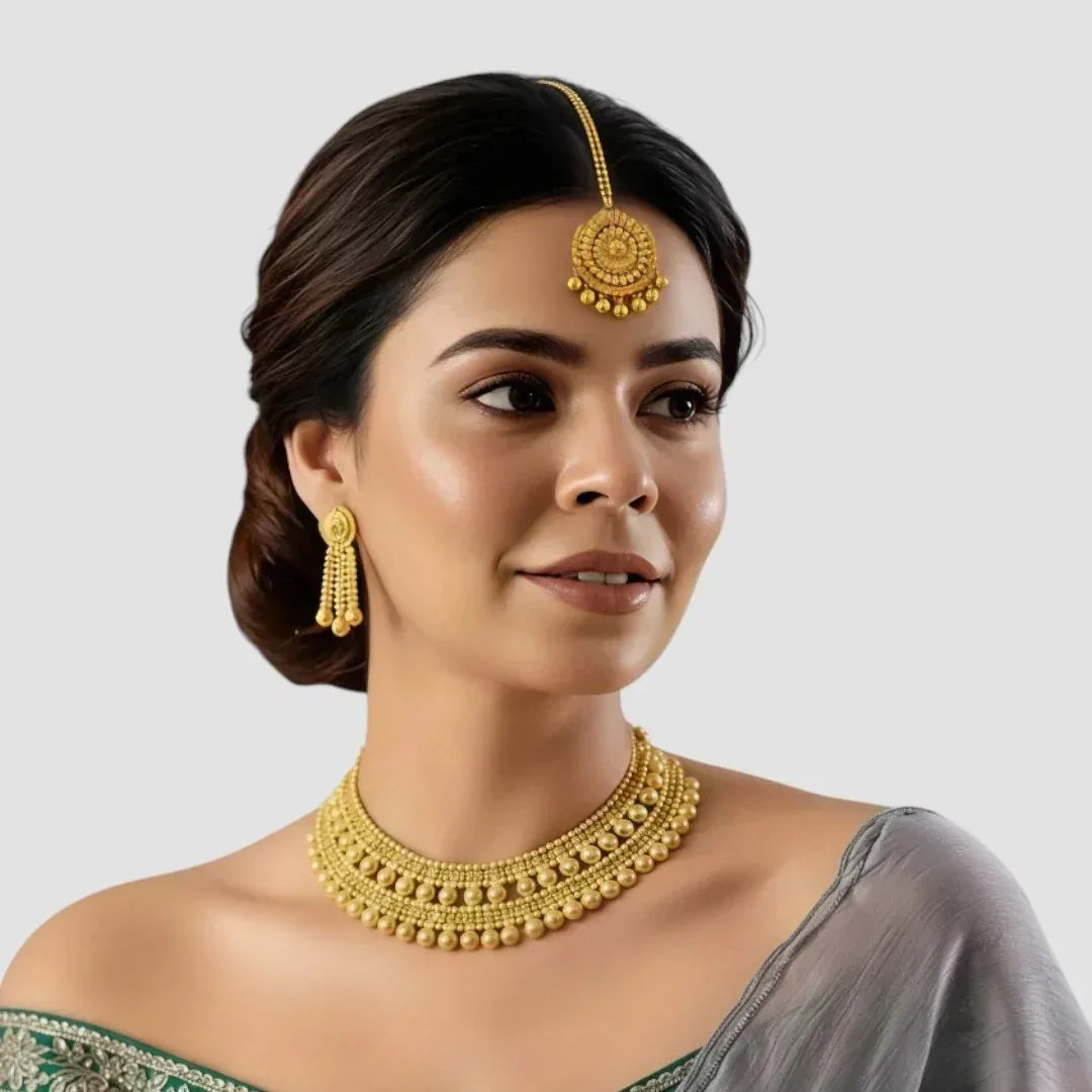 Bridal Gold Plated Kundan Necklace Set with Earrings & Maang Tikka - Auraa Trends