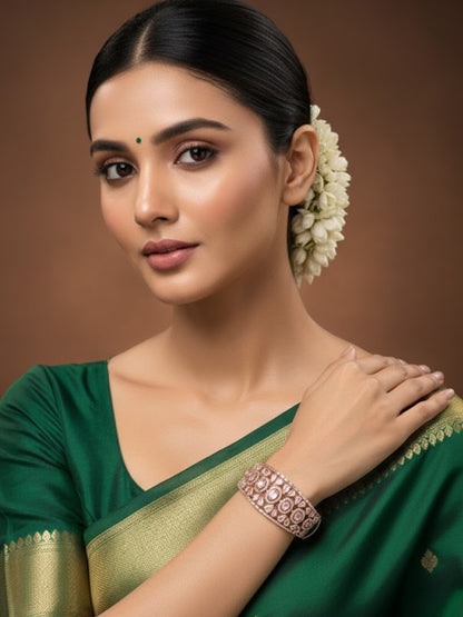 Rose Gold-Plated Pink Stone Bangle with White CZ Accents for Women