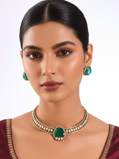 Sophisticated Emerald Green Hexagon Stone Choker Necklace with Teardrop CZ Accents