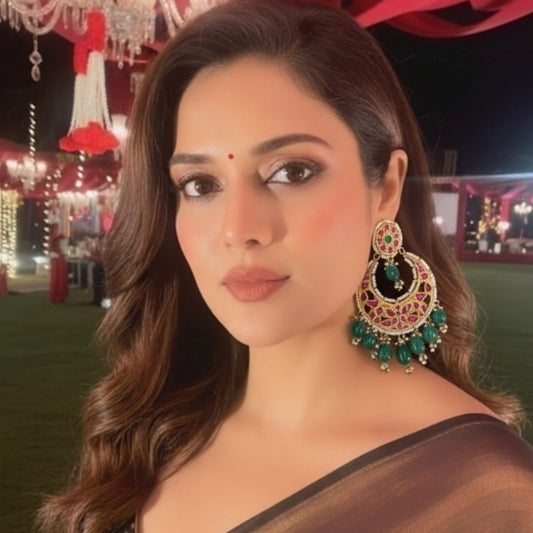 Gold-Plated Meenakari Chandbali Earrings with Green Beads and Pink Enamel Work