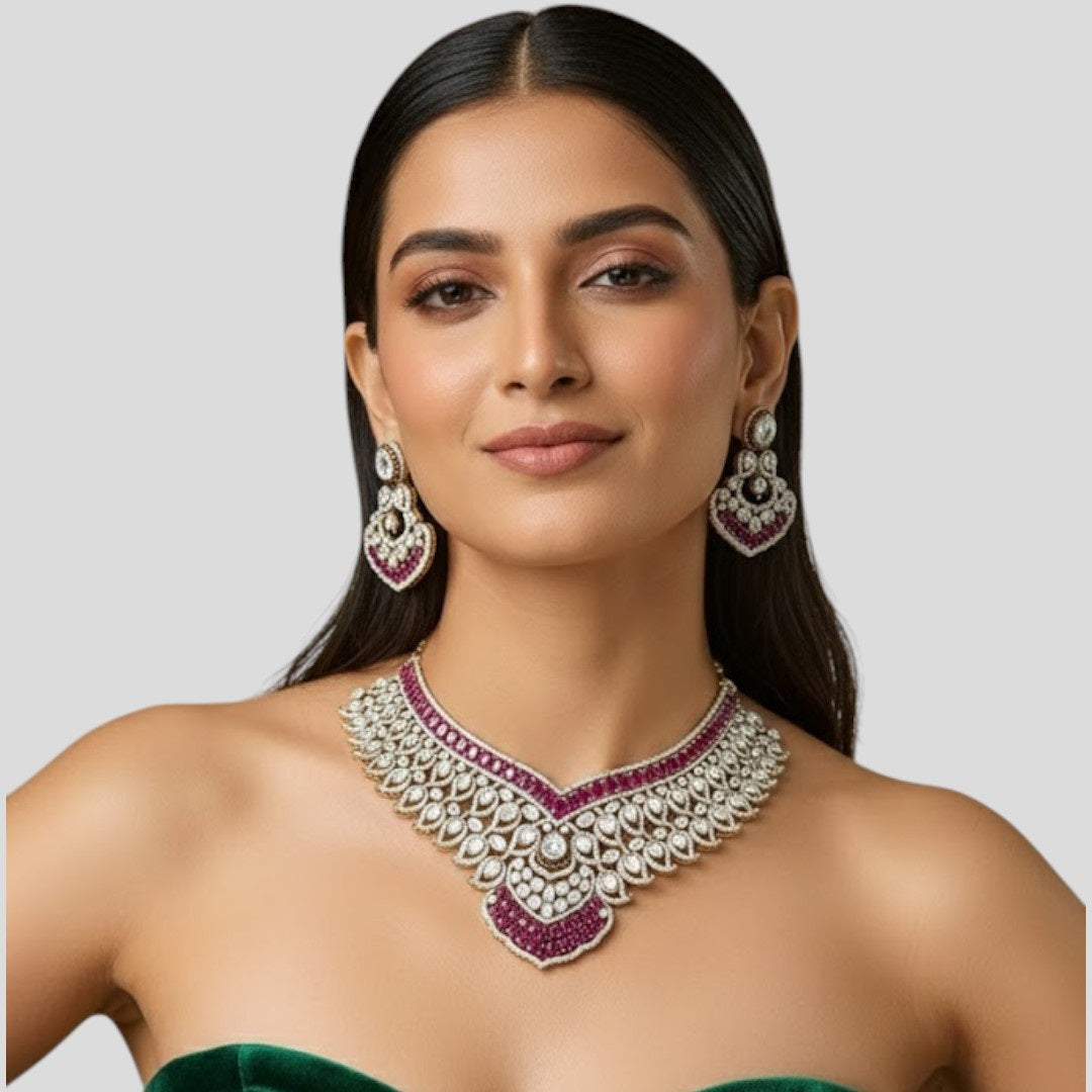 Ruby Kundan Bridal Necklace Set with Gold Plating and Matching Earrings – Heavy Wedding Jewellery”