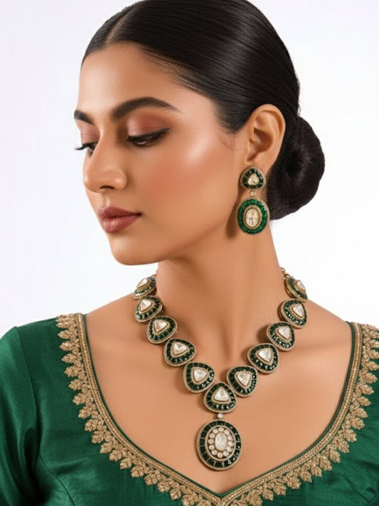 Gold Finish Kundan Polki Necklace Set with Emerald Edge – Bridal Jewelry