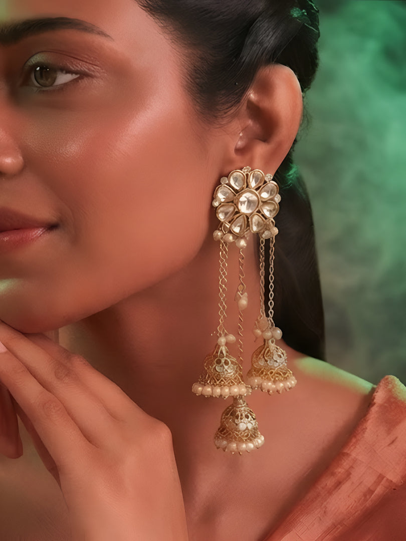 Triple Layer Pearl Tassel Gold-Plated Jhumka