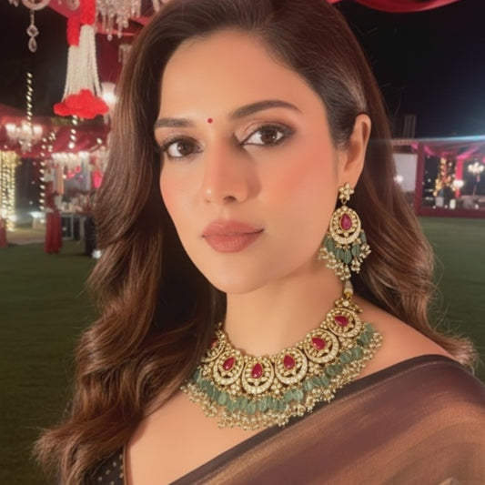 Designer Kundan & Ruby Stone Choker Necklace Set with Green Beads & Earrings