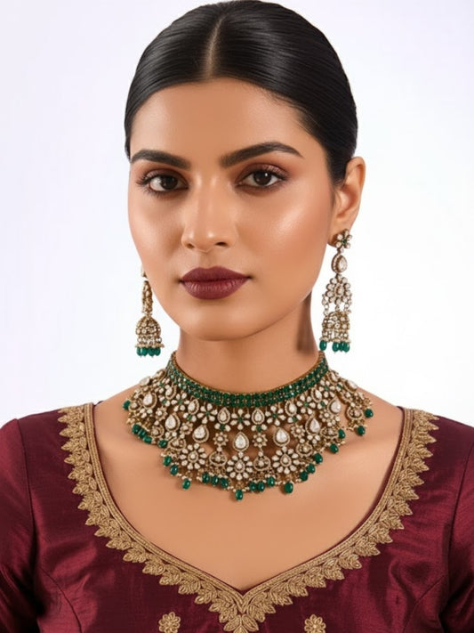 Gold Finish Kundan Polki & Deep Green Beaded Choker Necklace Set