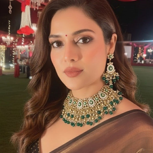 Gold-Plated Kundan Choker Necklace Set with Green Beads & Pearl Drops
