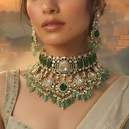 Luxury green stone Kundan choker necklace set with matching long earrings and green bead drops for bridal and wedding wear