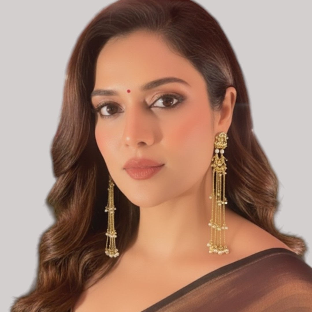 Traditional Long Golden Dangler Earrings with Multi-Strand Pearl Chains