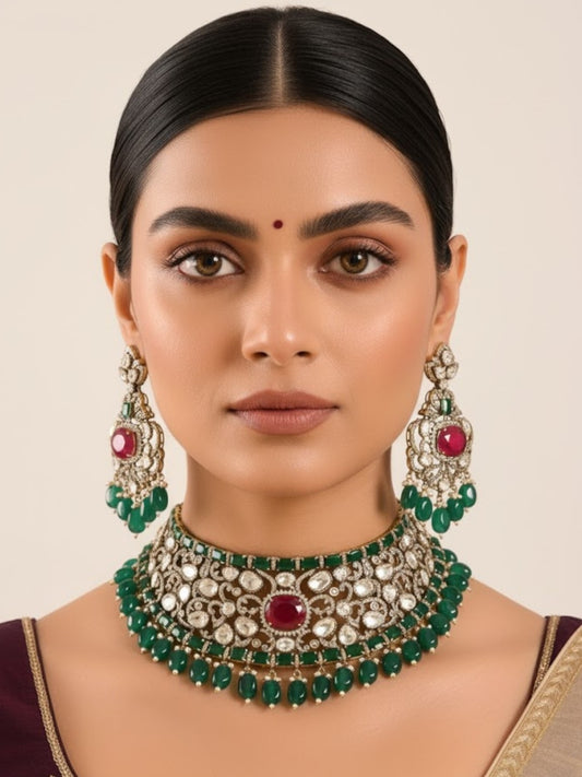 Gold Finish Hand-Set Kundan Polki & Deep Green Beaded Choker Necklace Set