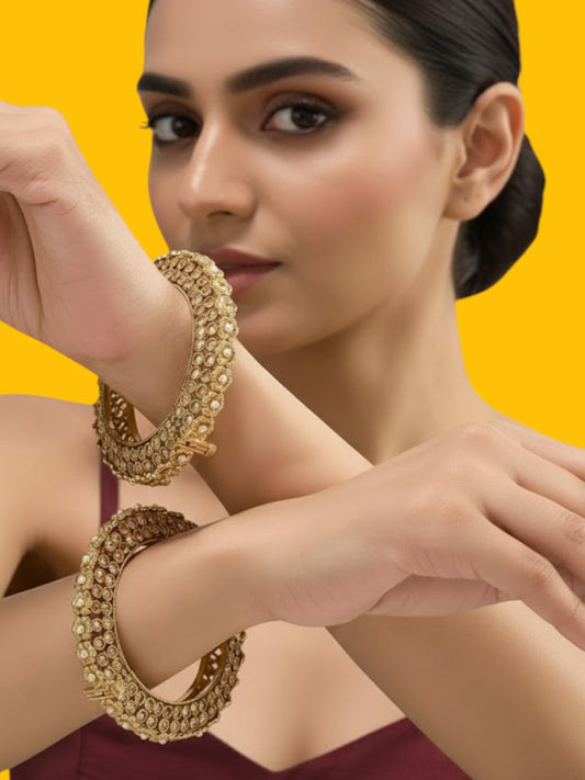 Traditional Gold-Plated Pearl Floral Bangles for Women