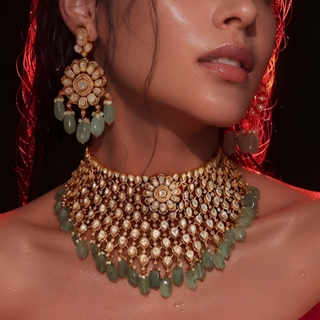Kundan gold-plated bridal necklace set with green beads and pearl drops