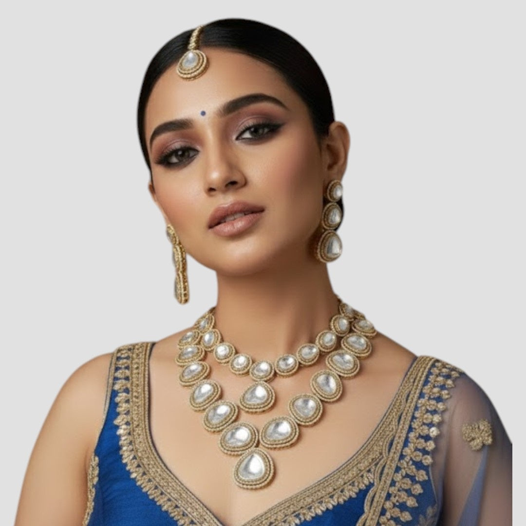 “Gold Plated Kundan Polki Bridal Necklace Set with Matching Earrings for Women”