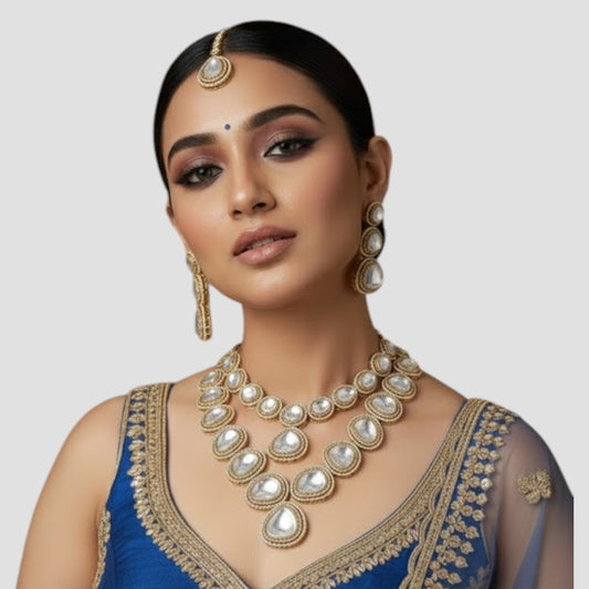 “Gold Plated Kundan Polki Bridal Necklace Set with Matching Earrings for Women”