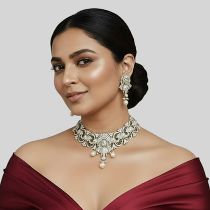 Premium Elephant Motif Kundan & CZ Stone Choker Necklace Set with Earrings