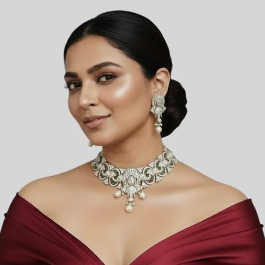 Premium Elephant Motif Kundan & CZ Stone Choker Necklace Set with Earrings